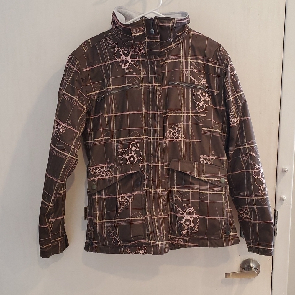 Turbine Brown and Pink Plaid / Floral Girls Snowboard Ski Winter Jacket S - Picture 6 of 7